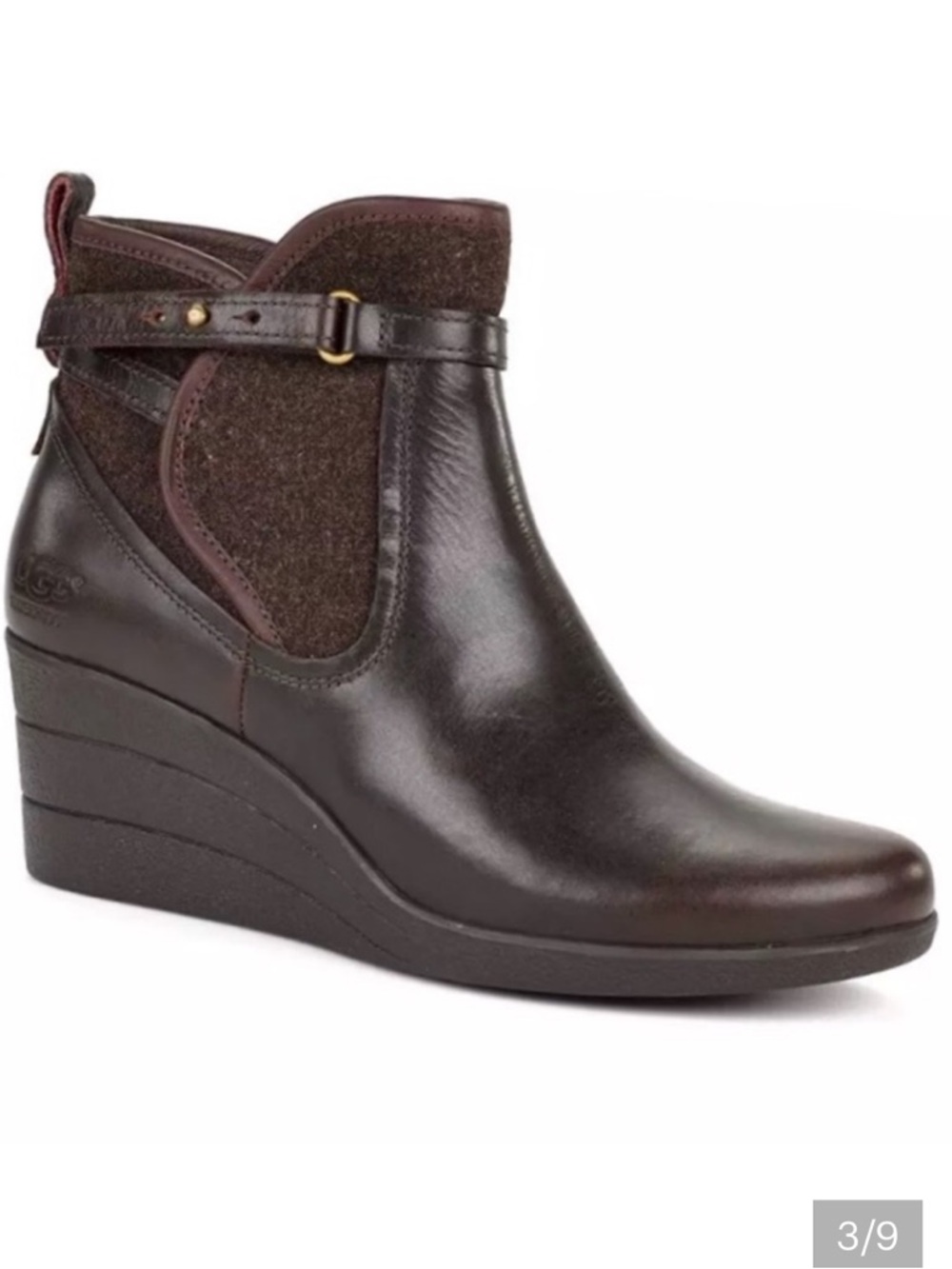 UGG Emalie Chocolate Brown Leather Wedge Ankle Bootie Size 9‎